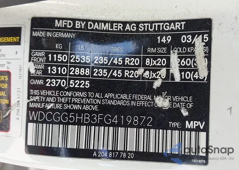 2015 Mercedes-Benz Glk 350 from USA, damaged, VIN WDCGG5HB3FG419872